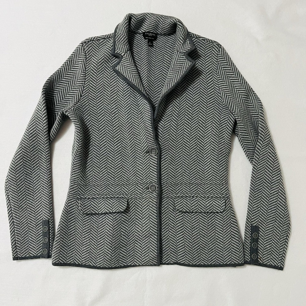 Talbots Grey Herringbone Merino Wool Sweater Blazer Jacket Pockets Sz S Petite